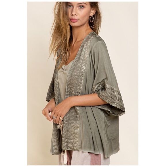 BOHO Embroidered Kimono in Olive - Picture 3 of 16